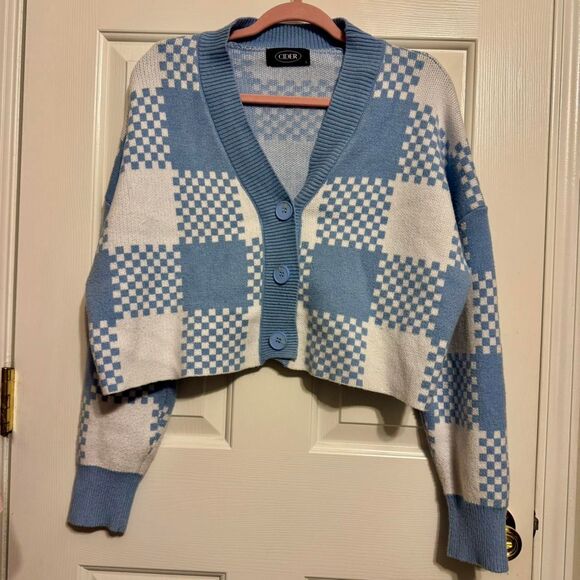Womens Blue White Checkered Crop Cardigan Preppy Oversize Sweater Pastel Blue L - Picture 2 of 5